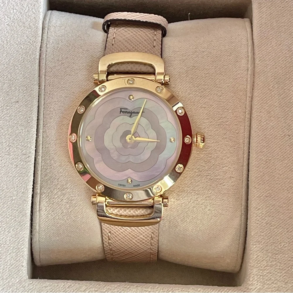 Salvatore Ferragamo Style Ladies Quartz Watch Pink Mother of Pearl Dial
